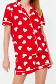 Kadın %100 Pamuk Gömlek Yaka Kısa Kol Kalp Desenli Biye Detaylı Gömlek-Şort Örme Pijama Takımı - 4
