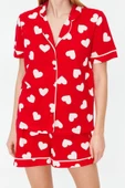 Kadın %100 Pamuk Gömlek Yaka Kısa Kol Kalp Desenli Biye Detaylı Gömlek-Şort Örme Pijama Takımı - 1