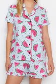 Kadın %100 Pamuk Gömlek Yaka Uzun Kol Karpuz Desenli Fırfırlı Gömlek-Şort Örme Pijama Takımı - 5