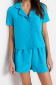 Kadın Polyester Gömlek Yaka Kısa Kol Mavi Terrycotton Gömlek-Şort Dokuma Pijama Takımı - 2