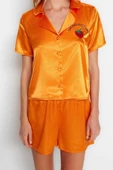Kadın Polyester Ceket Yaka Kısa Kol Nakışlı Saten Gömlek-Şort Dokuma Pijama Takımı - 1