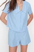 Kadın %100 Pamuk Bebe Yaka Kısa Kol %100 Pamuk Yaka Detaylı Gömlek-Şort Dokuma Pijama Takımı - 5