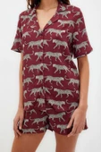 Kadın Viskon Ceket Yaka Kısa Kol Desenli Viskon Gömlek-Şort Dokuma Pijama Takımı - 4