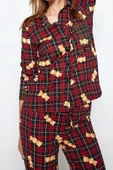 Kadın %100 Pamuk Bisiklet Yaka Uzun Kol Çok Renkli Ayıcık Desenli Ekoseli Örme Pijama Takımı - 3
