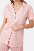 Kadın Gömlek Yaka Kısa Kol Pamuklu Çizgili Biye Detaylı Uyku Bantlı Örme Pijama Takımı - 2