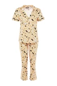 Kadın %100 Pamuk Gömlek Yaka Kısa Kol Biyeli Grafik Desenli Gömlek-Pantolon Örme Pijama Takımı - 6