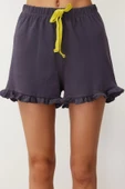 Kadın %100 Pamuk Bisiklet Yaka Kısa Kol Nakışlı Fırfır Detaylı T-shirt-Şort Örme Pijama Takımı - 5