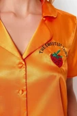 Kadın Polyester Ceket Yaka Kısa Kol Nakışlı Saten Gömlek-Şort Dokuma Pijama Takımı - 4