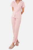 Kadın Gömlek Yaka Kısa Kol Pamuklu Çizgili Biye Detaylı Uyku Bantlı Örme Pijama Takımı - 3
