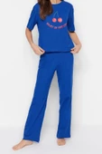 Kadın Bisiklet Yaka Kısa Kol Pamuklu Kiraz Baskılı T-shirt-Pantolon Örme Pijama Takımı - 3