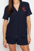 Kadın Viskon Gömlek Yaka Kısa Kol Indıgo Nakışlı Viskon Gömlek-Şort Dokuma Pijama Takımı - 2