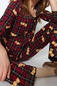 Kadın %100 Pamuk Bisiklet Yaka Uzun Kol Çok Renkli Ayıcık Desenli Ekoseli Örme Pijama Takımı - 2