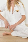 Kadın Polyester Gömlek Yaka Kısa Kol Ayıcık Nakışlı Fitilli Gömlek-Pantolon Örme Pijama Takımı - 3