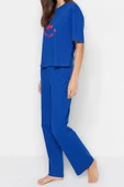 Kadın Bisiklet Yaka Kısa Kol Pamuklu Kiraz Baskılı T-shirt-Pantolon Örme Pijama Takımı - 4