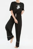 Kadın Polyester Karışımlı Bisiklet Yaka Kısa Kol Pamuklu Baskılı T-shirt-Pantolon Örme Pijama Takımı - 1