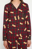 Kadın %100 Pamuk Bisiklet Yaka Uzun Kol Çok Renkli Ayıcık Desenli Ekoseli Örme Pijama Takımı - 4
