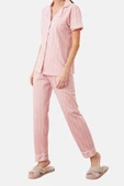 Kadın Gömlek Yaka Kısa Kol Pamuklu Çizgili Biye Detaylı Uyku Bantlı Örme Pijama Takımı - 1