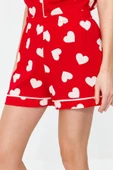 Kadın %100 Pamuk Gömlek Yaka Kısa Kol Kalp Desenli Biye Detaylı Gömlek-Şort Örme Pijama Takımı - 6