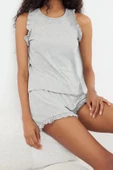 Kadın %100 Pamuk Bisiklet Yaka Kolsuz Kol %100 Pamuk Fırfır Detaylı Örme Pijama Takımı - 1