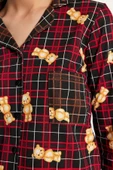 Kadın %100 Pamuk Bisiklet Yaka Uzun Kol Çok Renkli Ayıcık Desenli Ekoseli Örme Pijama Takımı - 5