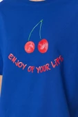 Kadın Bisiklet Yaka Kısa Kol Pamuklu Kiraz Baskılı T-shirt-Pantolon Örme Pijama Takımı - 5