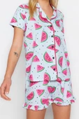 Kadın %100 Pamuk Gömlek Yaka Uzun Kol Karpuz Desenli Fırfırlı Gömlek-Şort Örme Pijama Takımı - 1
