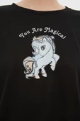 Kadın Polyester Karışımlı Bisiklet Yaka Kısa Kol Pamuklu Baskılı T-shirt-Pantolon Örme Pijama Takımı - 4