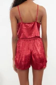Kadın Polyester V Yaka Askılı Kol Saten İp Askılı Dokuma Pijama Takımı - 5