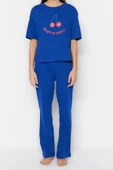 Kadın Bisiklet Yaka Kısa Kol Pamuklu Kiraz Baskılı T-shirt-Pantolon Örme Pijama Takımı - 1