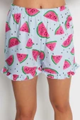 Kadın %100 Pamuk Gömlek Yaka Uzun Kol Karpuz Desenli Fırfırlı Gömlek-Şort Örme Pijama Takımı - 6