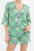 Kadın Viskon V Yaka Uzun Kol Koala Desenli Viskon Gömlek-Şort Dokuma Pijama Takımı - 3