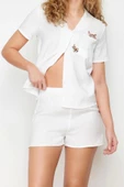 Kadın Viskon Gömlek Yaka Kısa Kol Beyaz Kedi Nakışlı Viskon Dokuma Pijama Takımı - 4
