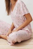 Kadın Viskon V Yaka Kısa Kol Çiçekli Örme Pijama Takımı - 2
