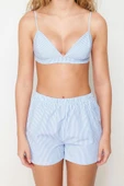 Kadın Polyester Gömlek Yaka Kısa Kol Çizgili 3lü Askılı Bra-Gömlek-Şort Dokuma Pijama Takımı - 5
