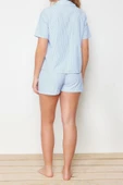 Kadın Polyester Gömlek Yaka Kısa Kol Çizgili 3lü Askılı Bra-Gömlek-Şort Dokuma Pijama Takımı - 6