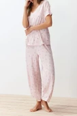 Kadın Viskon V Yaka Kısa Kol Çiçekli Örme Pijama Takımı - 3