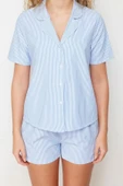 Kadın Polyester Gömlek Yaka Kısa Kol Çizgili 3lü Askılı Bra-Gömlek-Şort Dokuma Pijama Takımı - 1