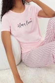 Kadın Polyester Bisiklet Yaka Kısa Kol Slogan Baskılı Çizgili Örme Pijama Takımı - 2