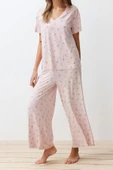 Kadın Viskon V Yaka Kısa Kol Çiçekli Örme Pijama Takımı - 4