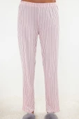 Kadın Polyester Bisiklet Yaka Kısa Kol Slogan Baskılı Çizgili Örme Pijama Takımı - 4