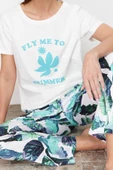 Kadın Pamuklu Bisiklet Yaka Kısa Kol Pamuklu Çiçekli Örme Pijama Takımı - 2