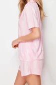 Kadın Viskon Gömlek Yaka Kısa Kol Çizgili Biye Detaylı Viskon Dokuma Pijama Takımı - 3