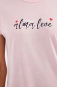 Kadın Polyester Bisiklet Yaka Kısa Kol Slogan Baskılı Çizgili Örme Pijama Takımı - 3