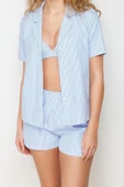 Kadın Polyester Gömlek Yaka Kısa Kol Çizgili 3lü Askılı Bra-Gömlek-Şort Dokuma Pijama Takımı - 3