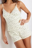 Kadın Pamuklu Askılı Yaka Askılı Kol Çiçekli Dantel Detaylı İp Askılı Fitilli Örme Pijama Takımı - 4
