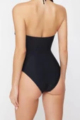 Kadın Destekli Askılı Brazilian Yaka Siyah Straplez Mesh Detaylı High Leg Regular Mayo - 6