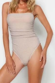 Kadın Destekli Kolsuz Slip Yaka Pembe Straplez Drapeli Simli High Leg Regular Mayo - 3