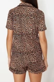 Kadın %100 Pamuk Gömlek Yaka Kısa Kol %100 Pamuk Leopar Desenli Örme Pijama Takımı - 6