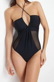 Kadın Destekli Askılı Brazilian Yaka Siyah Straplez Mesh Detaylı High Leg Regular Mayo - 4