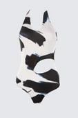 Kadın Destekli Askılı Brazilian Yaka Soyut Desenli Tek Omuz Cut Out Pencereli Regular Mayo - 1